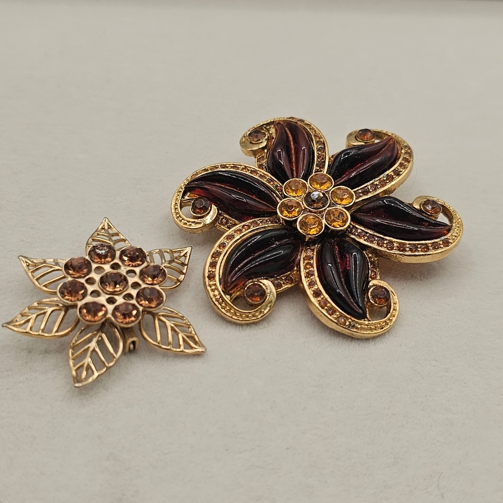 Floral Brooch 2pc Rhinestone Gold Tone Brown Rootbeer Lucite Lot Pins Autumn - Picture 8 of 10